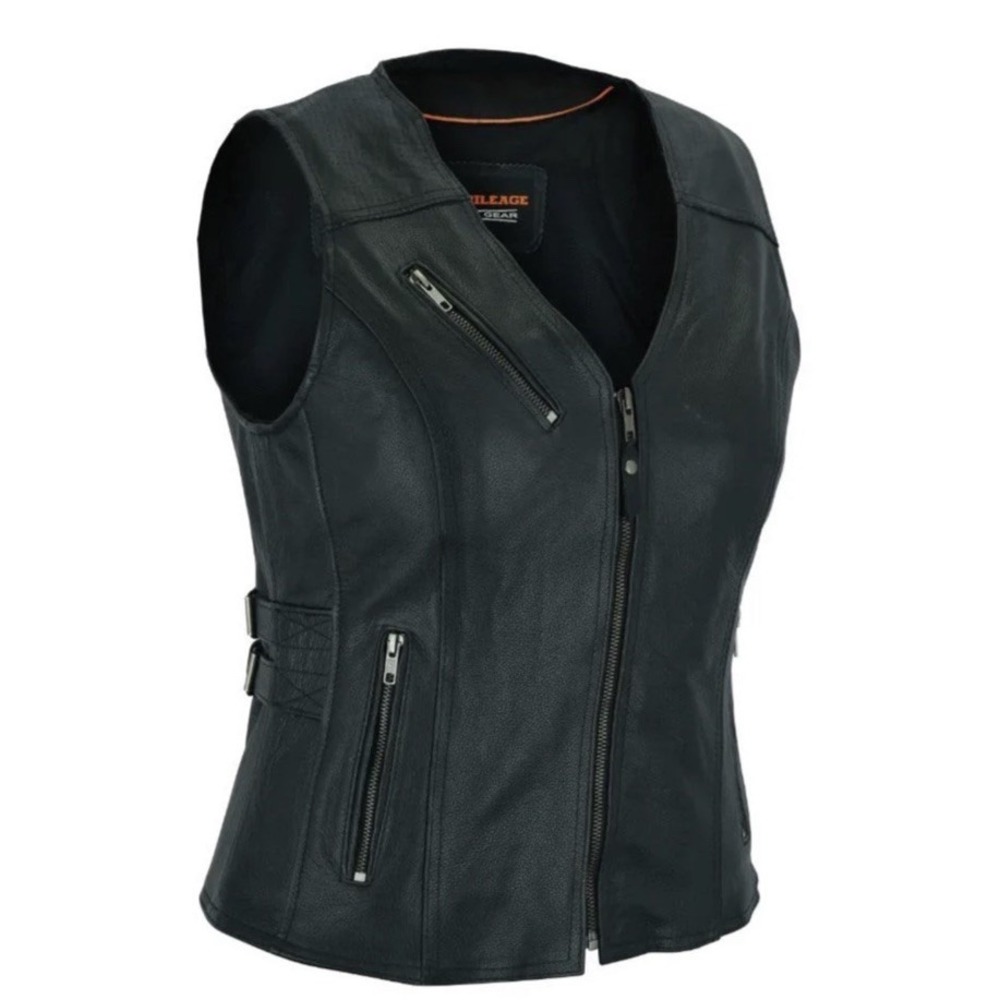 High Mileage Women XS Black Premium Cowhide Biker Leather Vest With Buckles